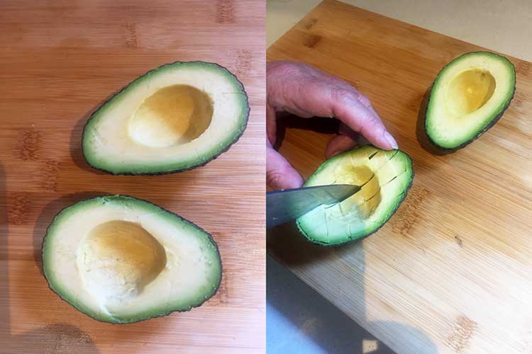 photo of an avocado being cut into criss cross in shell.
