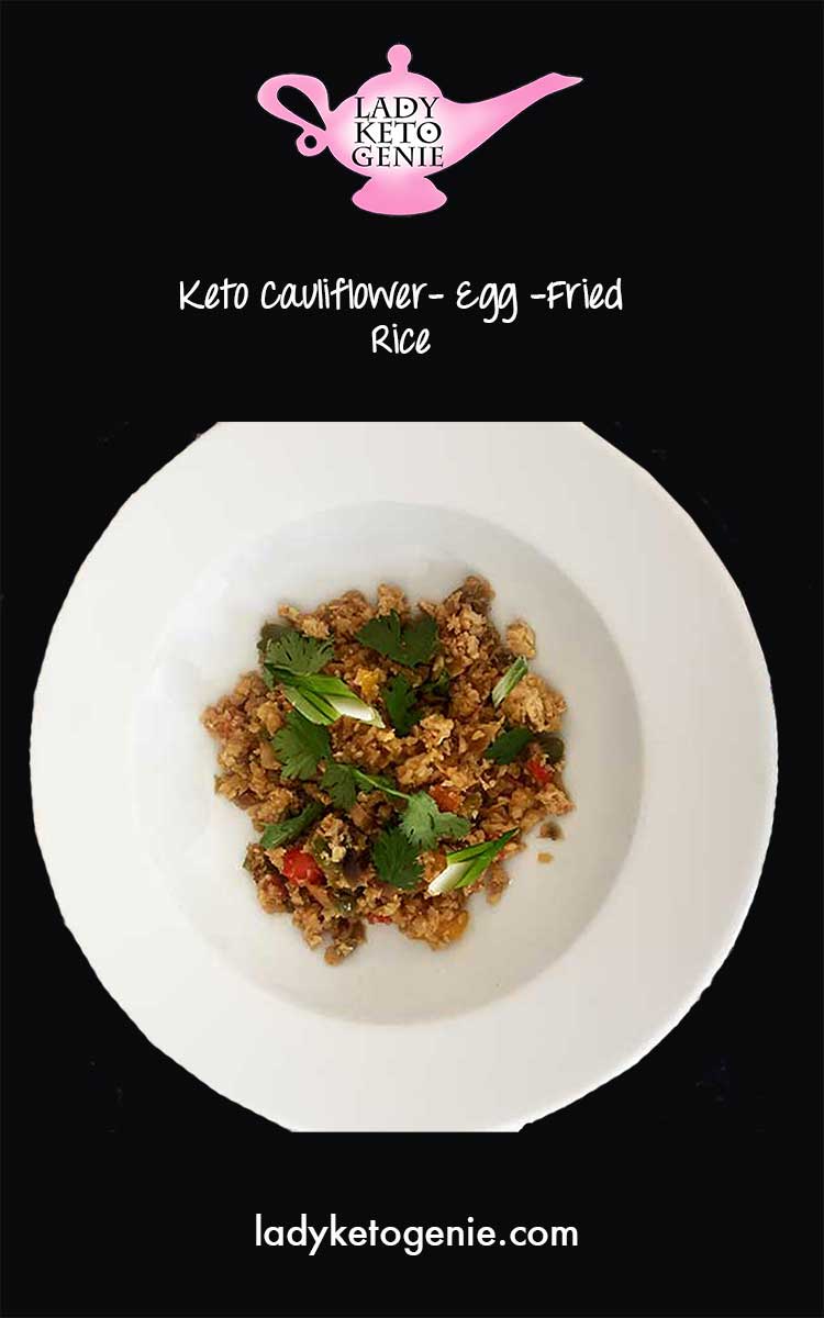 Black background with photo of finished dish, title of it and Lady Keto Genie Logo with website address
